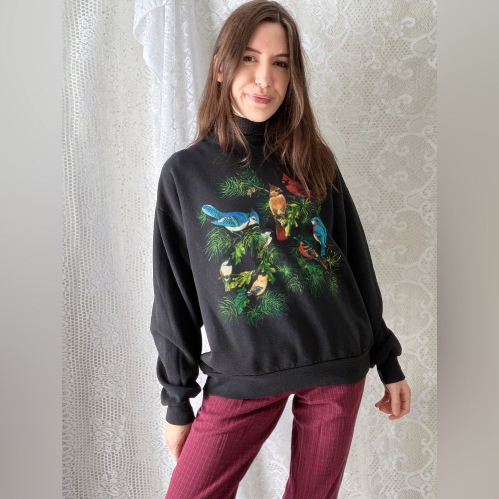 Vintage 90s Jerzees Cardinals Bird Sweatshirt Black Nature Graphic L USA